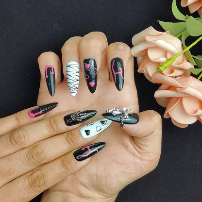 “Eclipse Sketch” Gothic Press-On Nail Set – with Metal Accents
