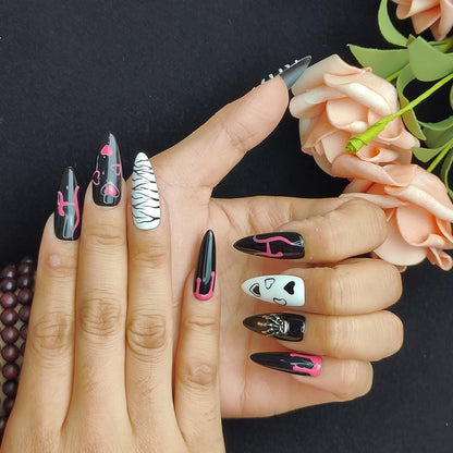 “Eclipse Sketch” Gothic Press-On Nail Set – with Metal Accents