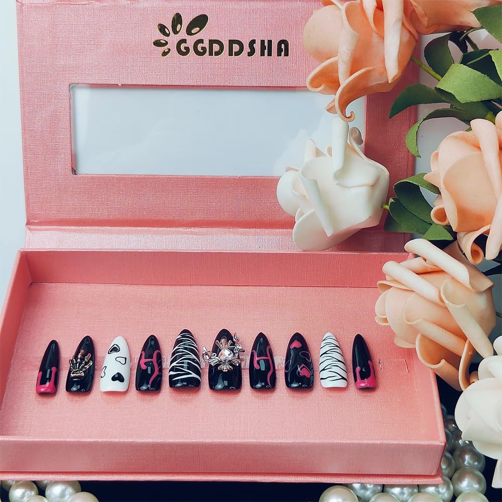 “Eclipse Sketch” Gothic Press-On Nail Set – with Metal Accents